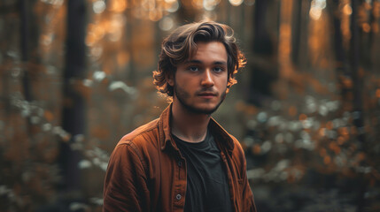 Canvas Print - portrait of a handsome young man standing in a forest looking at camera