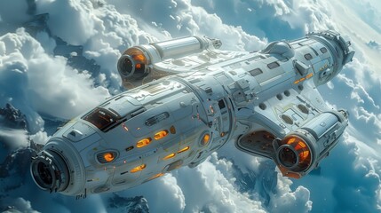 Poster - A futuristic spacecraft, with a white and orange exterior, glides through a field of clouds, showcasing its advanced technology and sleek design.