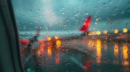 Wall Mural - A blurred sight of an airplane wing through a passenger window with raindrops Room for text