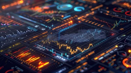 Poster - monitoring economic movements, business, candle movements, stock markets. displayed in the form of a hologram screen display and the latest technology to make analysis easier
