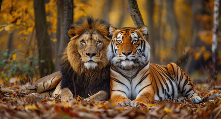 Poster - A majestic lion and an elegant tiger, side by side in the forest