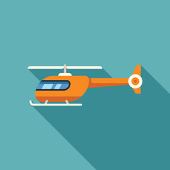 Poster - Orange helicopter flying, simple flat design with long shadow on a turquoise background