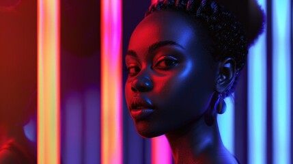 Wall Mural - African Woman Portrait with Vibrant Neon Lights