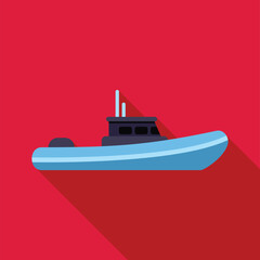 Poster - Blue motor boat with a windshield, floating on water, long shadow design