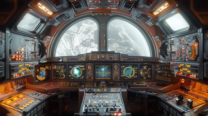Poster - A futuristic spaceship control room with large windows showing Earth from orbit.