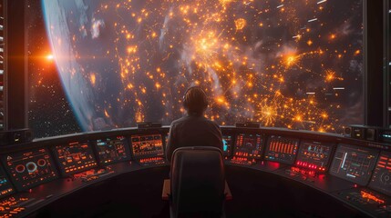 Poster - A lone operator sits in a control room, monitoring the flight of a space tour vessel with Earth visible through the large window behind them.