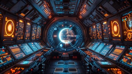 Poster - A futuristic control room with advanced technology monitors the flight of a space tour, showcasing Earth through a large window.