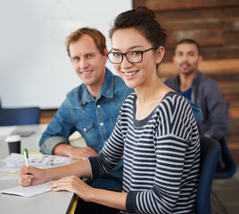 Poster - Portrait, woman and writing in notebook for business meeting, administration and strategy or development. Agenda, team and planning for startup company in conference room or modern office