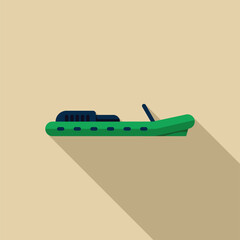 Poster - green inflatable motor boat floating on water surface, simple trendy flat design with long shadow