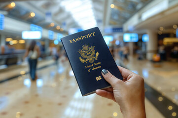 Hand holding a US passport at the airport and international terminal in the background.