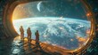 © Emiliia - Three astronauts gaze out of a large viewport, observing Earth from space. The planet is visible in the distance, with a bright moon in the background.