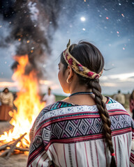 Close up a Mayan woman stands with her back to make a wish in a fire ceremony. The background is at evening, the sky is colorful and you can see stars.