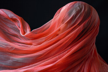 Poster - An abstract image of a woman in a red niqab, with parts of the fabric transforming into delicate, floating patterns against a black backdrop,