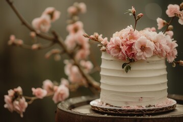 Poster - White cake with pink flowers on wooden barrel in close up