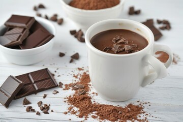 Poster - White ceramic mug with hot chocolate bowl of chocolate powder and pieces on wooden table isolated on white background Front view