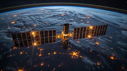 Poster - A sleek satellite orbits Earth, recording city lights at night. Its solar panels shine against the starry sky.