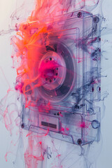 Poster - A surreal depiction of a vintage cassette tape unraveling into abstract lines and shapes, set against a plain white background,