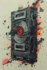 Poster - A surreal depiction of a vintage cassette tape unraveling into abstract lines and shapes, set against a plain white background,