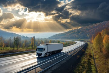 Wall Mural - White truck driving on highway towards autumn horizon with sun shining through cloudy sky