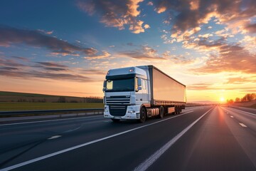 Wall Mural - White truck on highway business commercial cargo transport concept beautiful sunset sky clear space side view