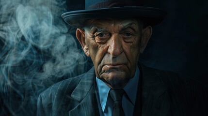 Close-up portrait of cool looking old man wearing hat, suit and tie isolated on dark smoke background. Gangster, mafia, boss.