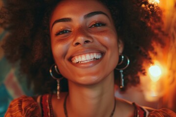 Wall Mural - Woman with beautiful teeth smiles and laughs