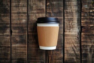 Sticker - Wooden background with top view of a coffee cup for take away