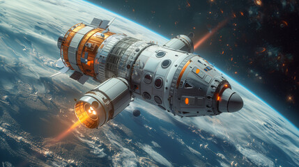 Poster - A white and orange spacecraft with electric propulsion system is depicted in orbit around Earth.