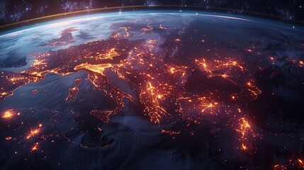 Poster - A visualization of satellite communication pathways over Europe at night, showcasing the network of connections spanning the continent.