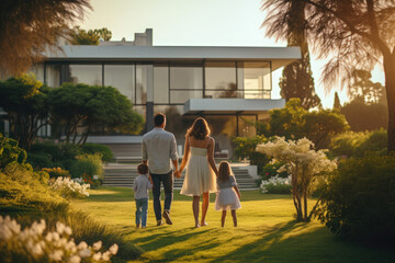 A family walks towards their new beautiful modern home. Buying a house. Real estate. Insurance. Credit