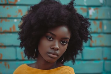 Wall Mural - Young black woman with afro hairstyle in urban setting portrayed in a portrait