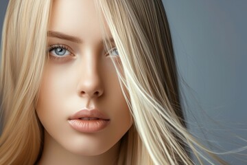 Wall Mural - Young blonde woman with straight shiny hair Portrait against gray background