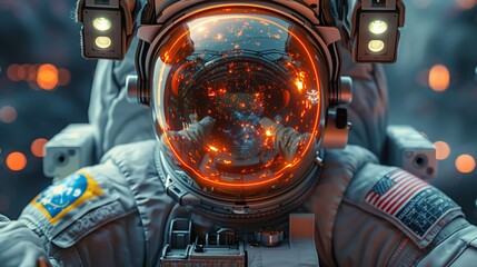 Poster - a close-up of an astronauts helmet, reflecting the twinkling stars and the vast expanse of space dur