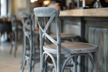 Canvas Print - Close up photo of gray wooden chair stools arranged neatly in a café