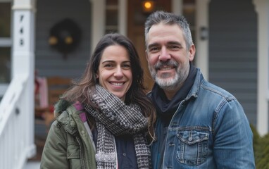 Wall Mural - A man and woman stand in front of their home, smiling and looking at the camera. They are both wearing winter clothing