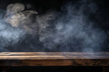 Wall Mural - Empty wooden table with smoke on black background for displaying products