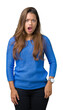 © Krakenimages.com - Young beautiful brunette woman wearing blue sweater over isolated background In shock face, looking skeptical and sarcastic, surprised with open mouth