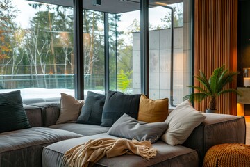 Wall Mural - Gray corner sofa with pillows by glass window in warm living room with glass walls