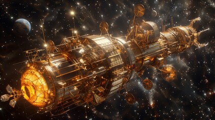 Poster - a futuristic, gold-plated spacecraft traverses the cosmos, its intricate design and glowing lights a