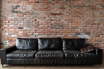 Wall Mural - Modern living room with black leather couch and brick wall