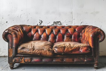 Wall Mural - Old leather sofa in vintage style on white background