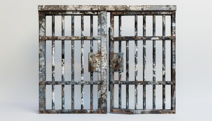 Old prison bars in prison cell isolated on white background leading to freedom