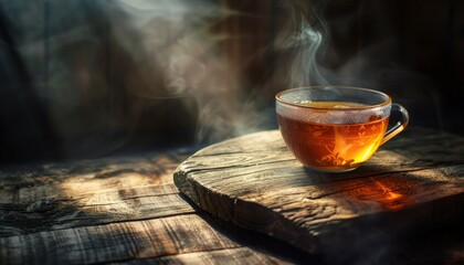 Poster - Pour hot tea into a teacup on an old wooden table with soft sunlight shining in a warm ambiance