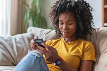 Young African American Woman Monitoring Glucose Levels with Remote Sensor: Embracing a Modern Approach to Diabetes Care