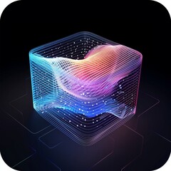 Poster - Vibrant Abstract Digital Art with Colorful 3D Wave in Cube