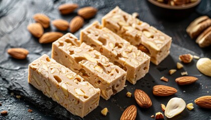 Poster - Spain s traditional holiday treat turron showcased on a black stone backdrop with space for additional elements