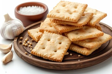 Wall Mural - Garlic crackers made from tapioca flour on wooden plate white background