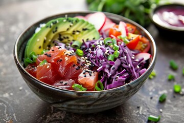 Sticker - Hawaiian poke bowl with tuna seaweed avocado cabbage radishes sesame seeds