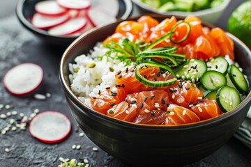 Sticker - Hawaiian salmon poke bowl with rice vegetables and seaweed Health conscious meal