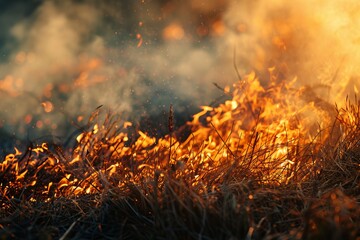 Wall Mural - Large flames consuming dry grass displayed on screen